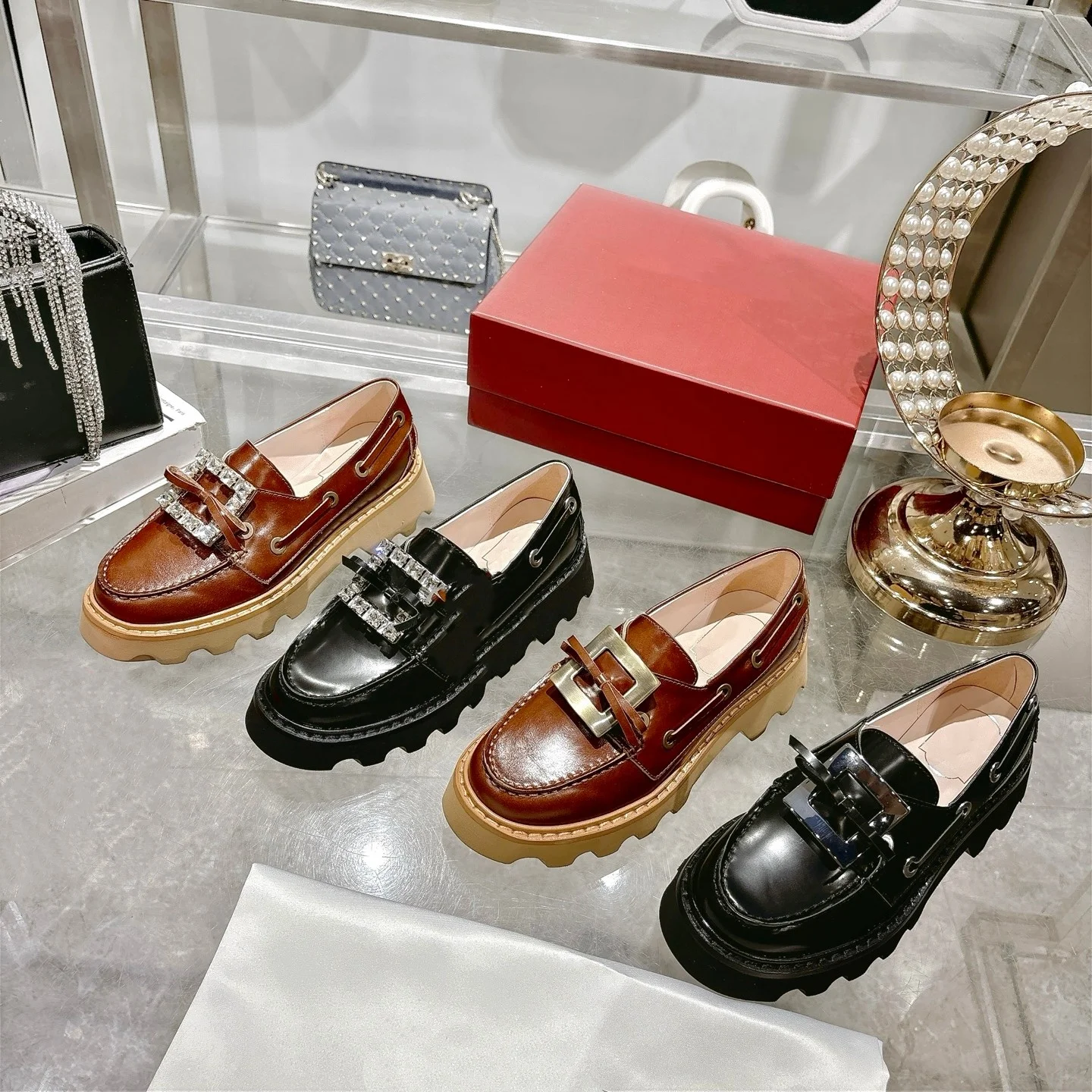 2025 outono novo couro genuíno strass fivela quadrada mocassins feminino altura crescente sapatos de couro de sola grossa deslizamento