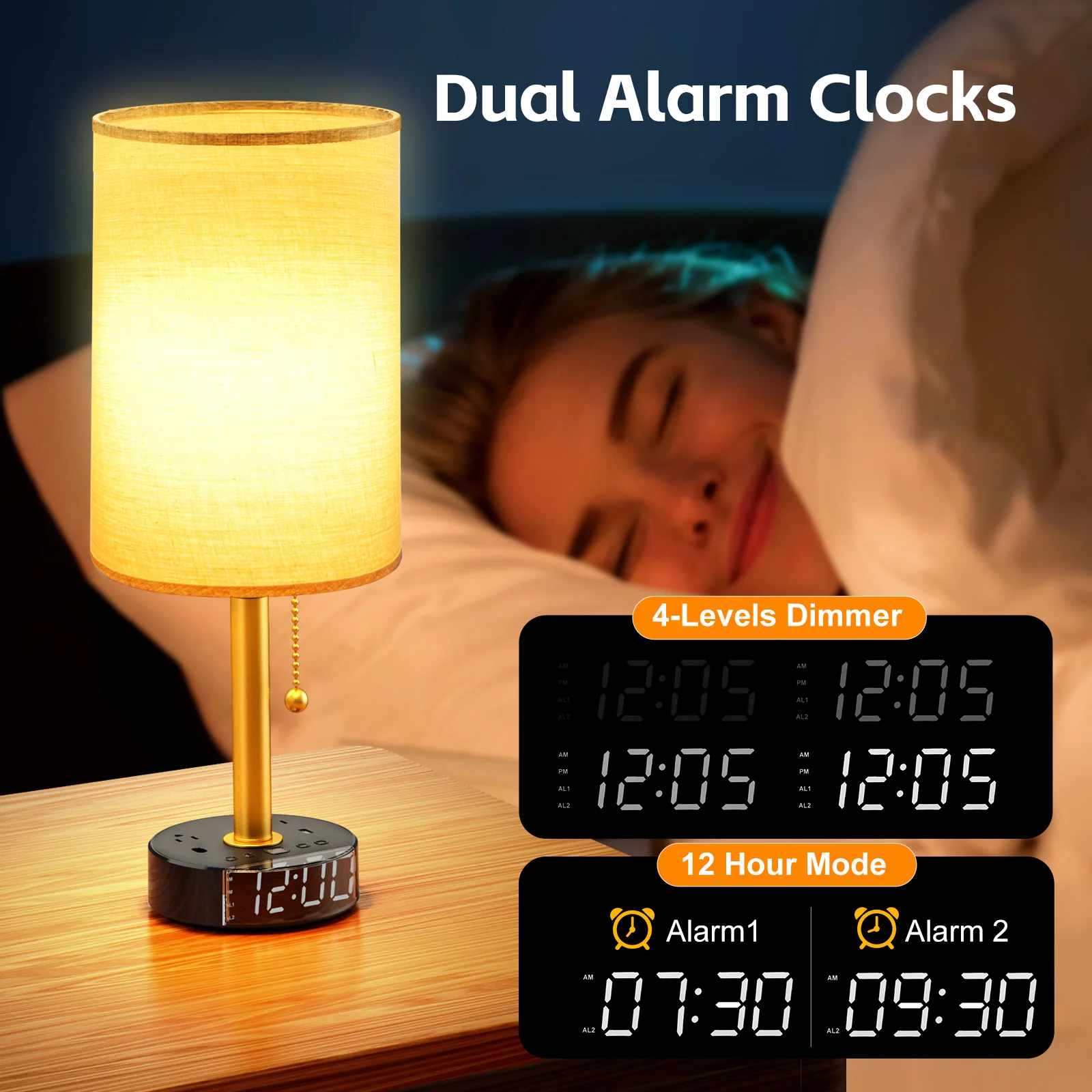 Bedside Desk Lamp 5 Light Modes Clock Snooze Alarm 2 US AC Outlets USB C Charging Port 5FT Cord for Bedroom Study Living Room