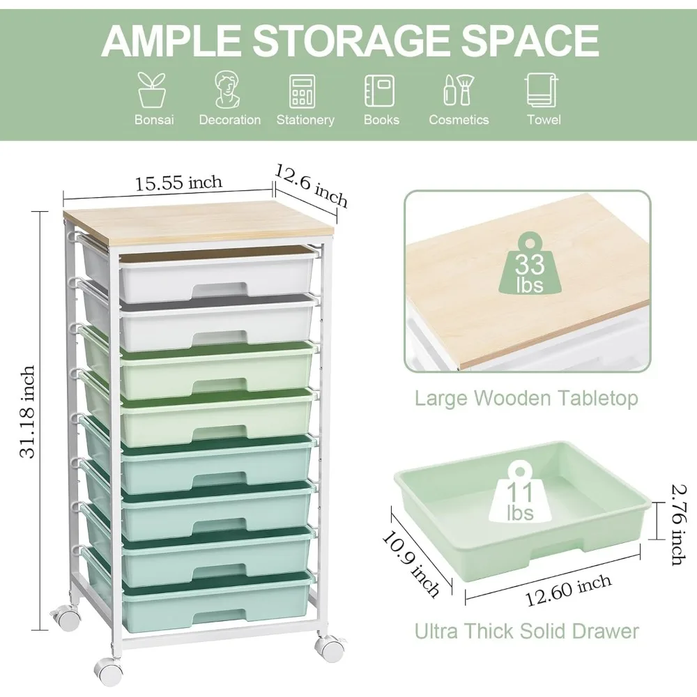 8-Drawer Rolling Storage Cart with Wooden Tabletop for Home, Office, and Classroom Organization