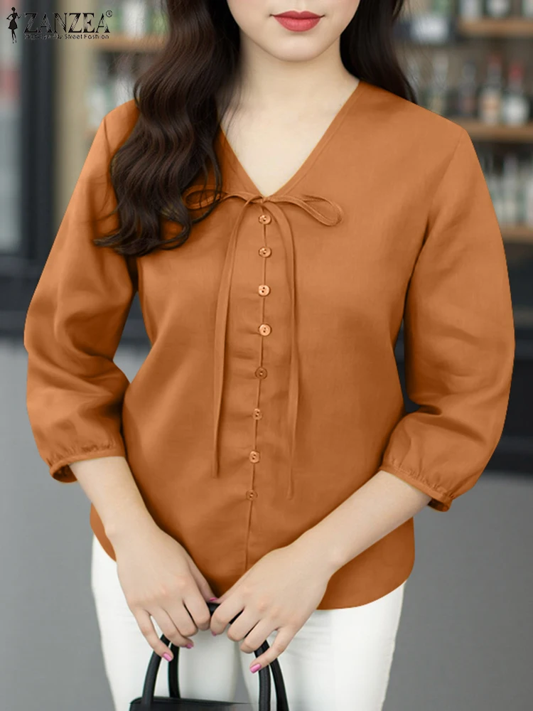 ZANZEA Women Shirts Solid Casual V Neck Tops 2025 Summer Female Lace-Up OL Work Tunic 3/4 Lantern Sleeve Buttons Beach Blusas