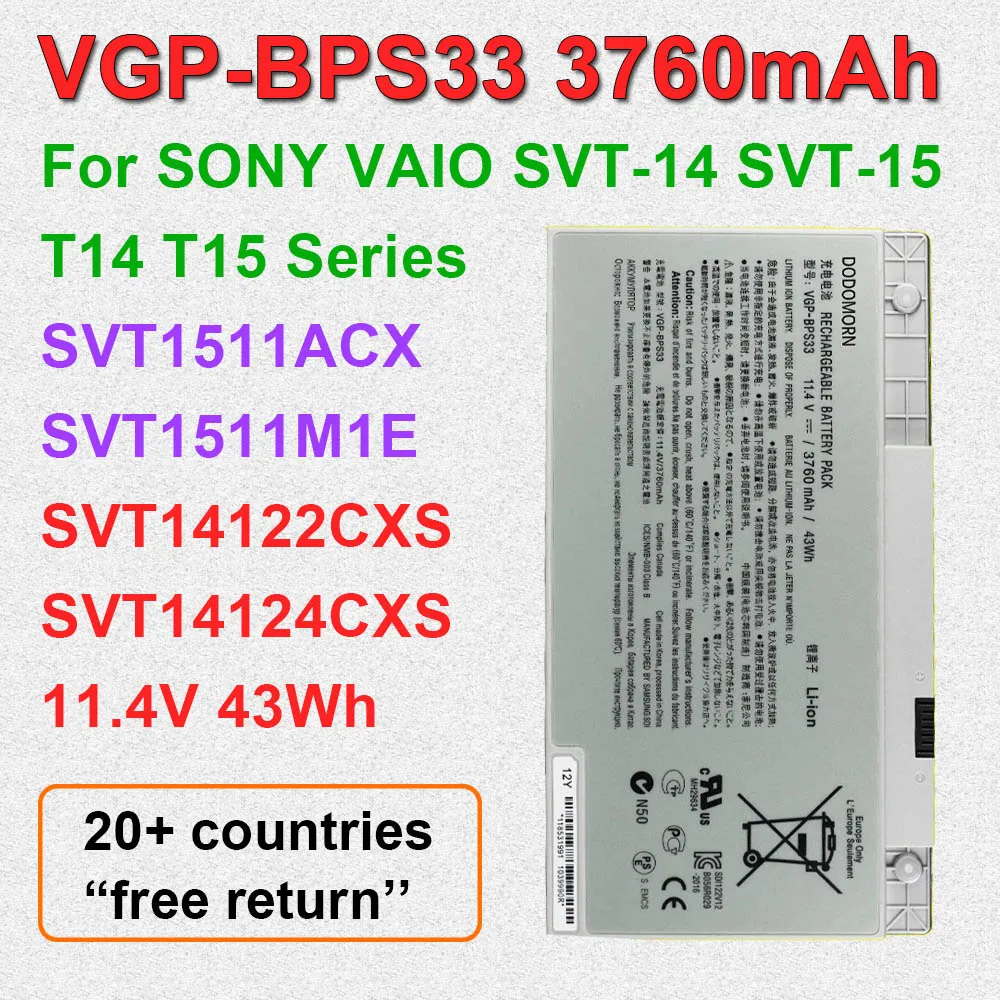

For SONY VAIO SVT-14 SVT-15 T14 T15 BPS33 VGP-BPS33 Laptop Battery Replacement SVT1511M1E SVT14126CXS 11.4V 43Wh 3760mAh