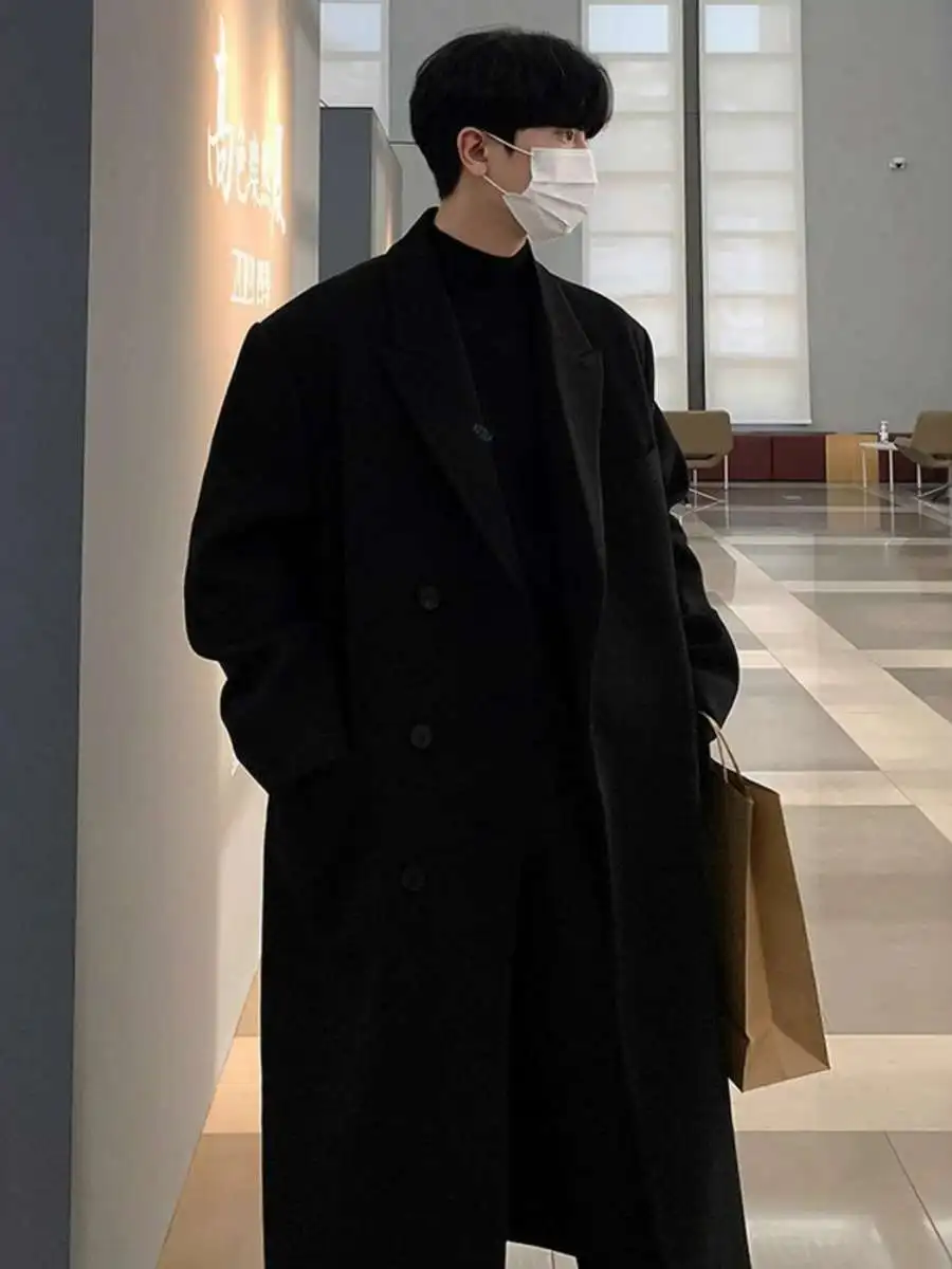 

Мужское зимнее шерстяное пальто Thiened, повседневное длинное пальто, корейская версия, ветровка выше колена, верхняя одежда, модная облегающая посадка