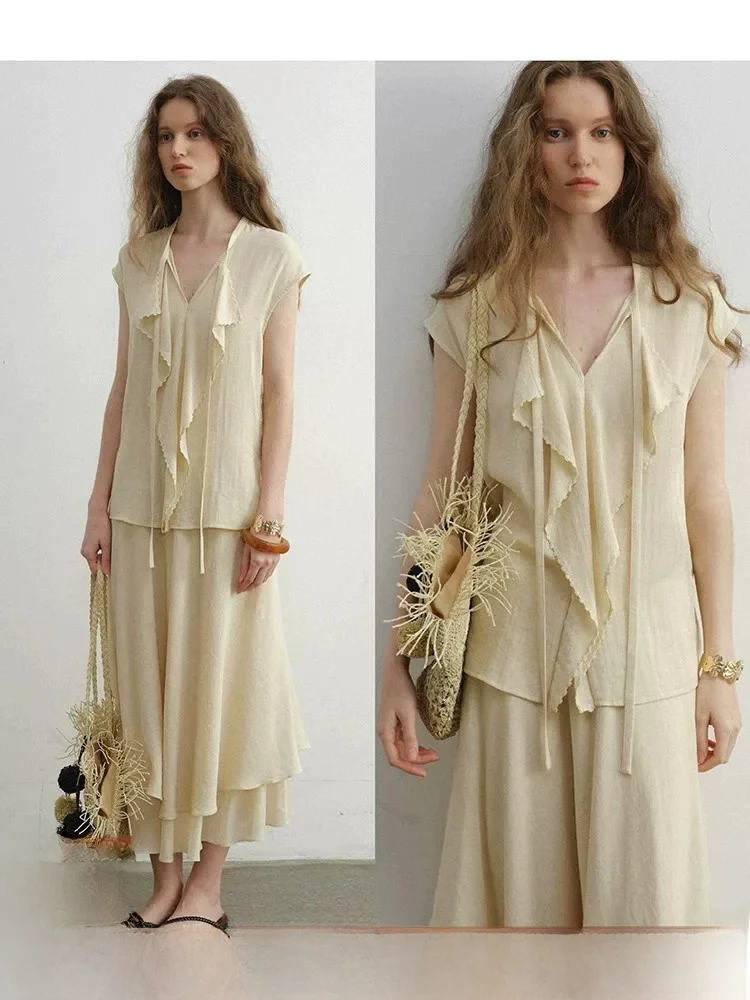 

POPCHRIO French Style Embroidered Blouse with Fly Sleeve And Lace Hem Matching High Waist Asymmetrical Skirt Set Women