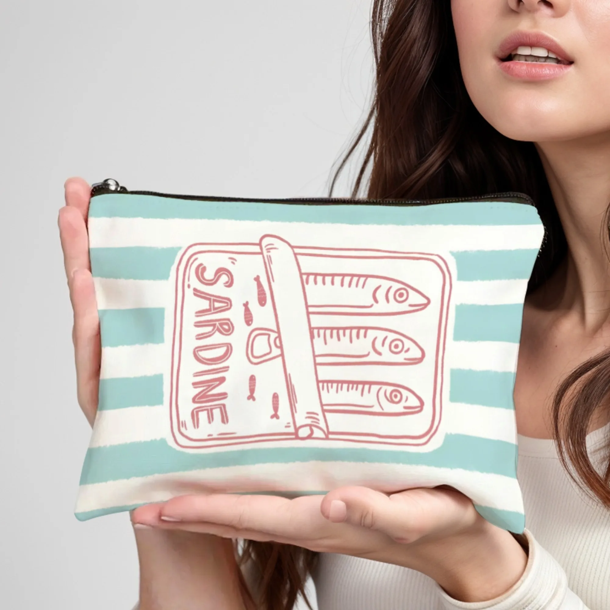 ユニセックス大人用化粧ポーチ、ブルーのポータブルメイクアップバッグ、トレンディなイワシプリントのジッパー付き洗面用具ケース、旅行用アクセサリー