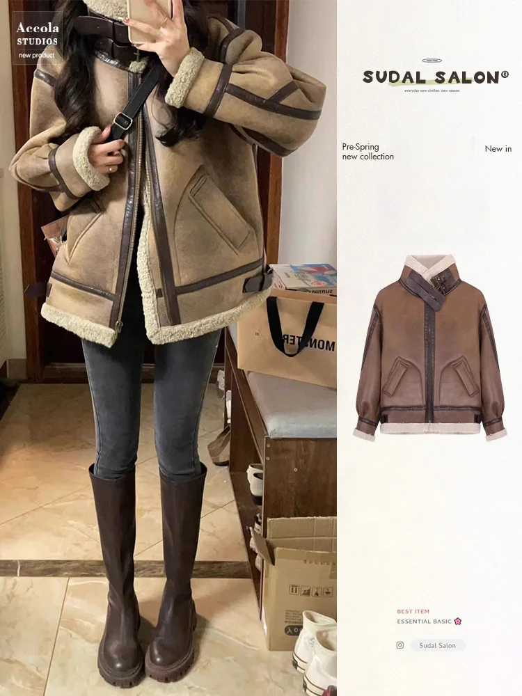 

Lamb Wool Jacket Woman High Quality Grunge Style Gym Ready Hairy Surface Halloween Theme Handsome Cut Harajuku Fashion Heart Ins