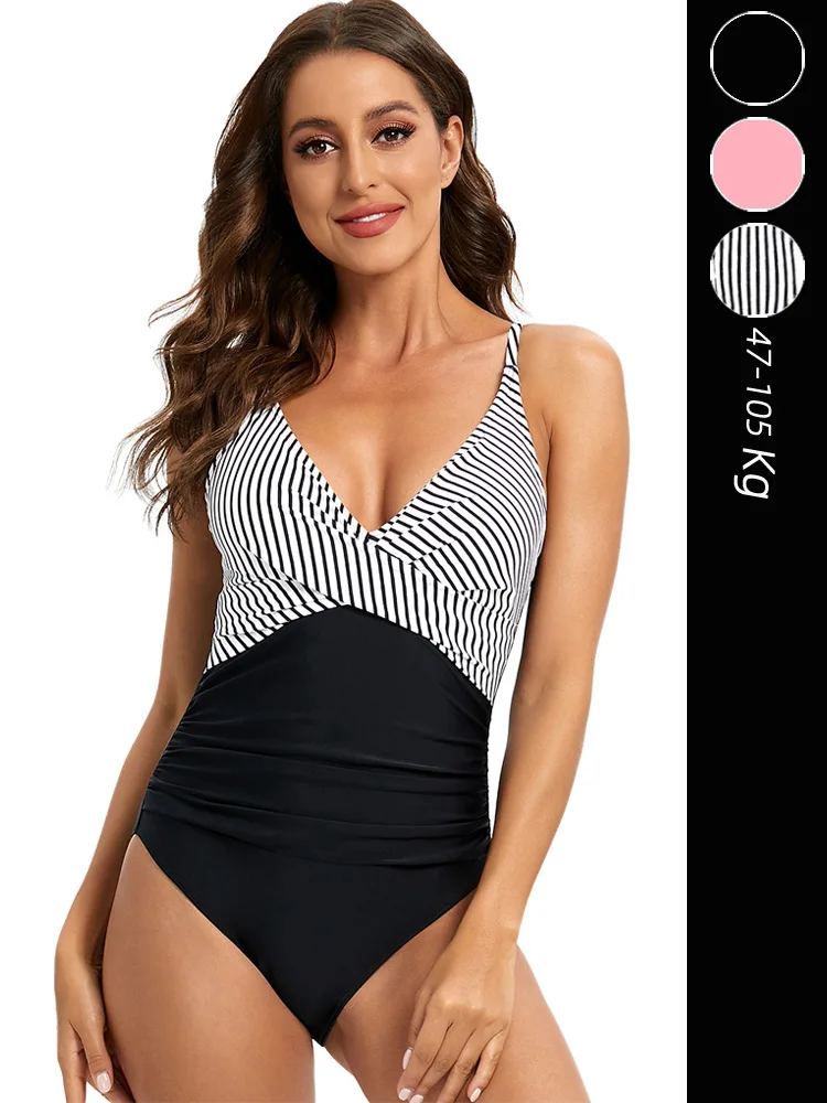 

Женский купальник с глубоким V-образным вырезом, больших размеров, сексуальный, утягивающий, в полоску, повседневный, с фиксированными вкладышами для груди, без рукавов