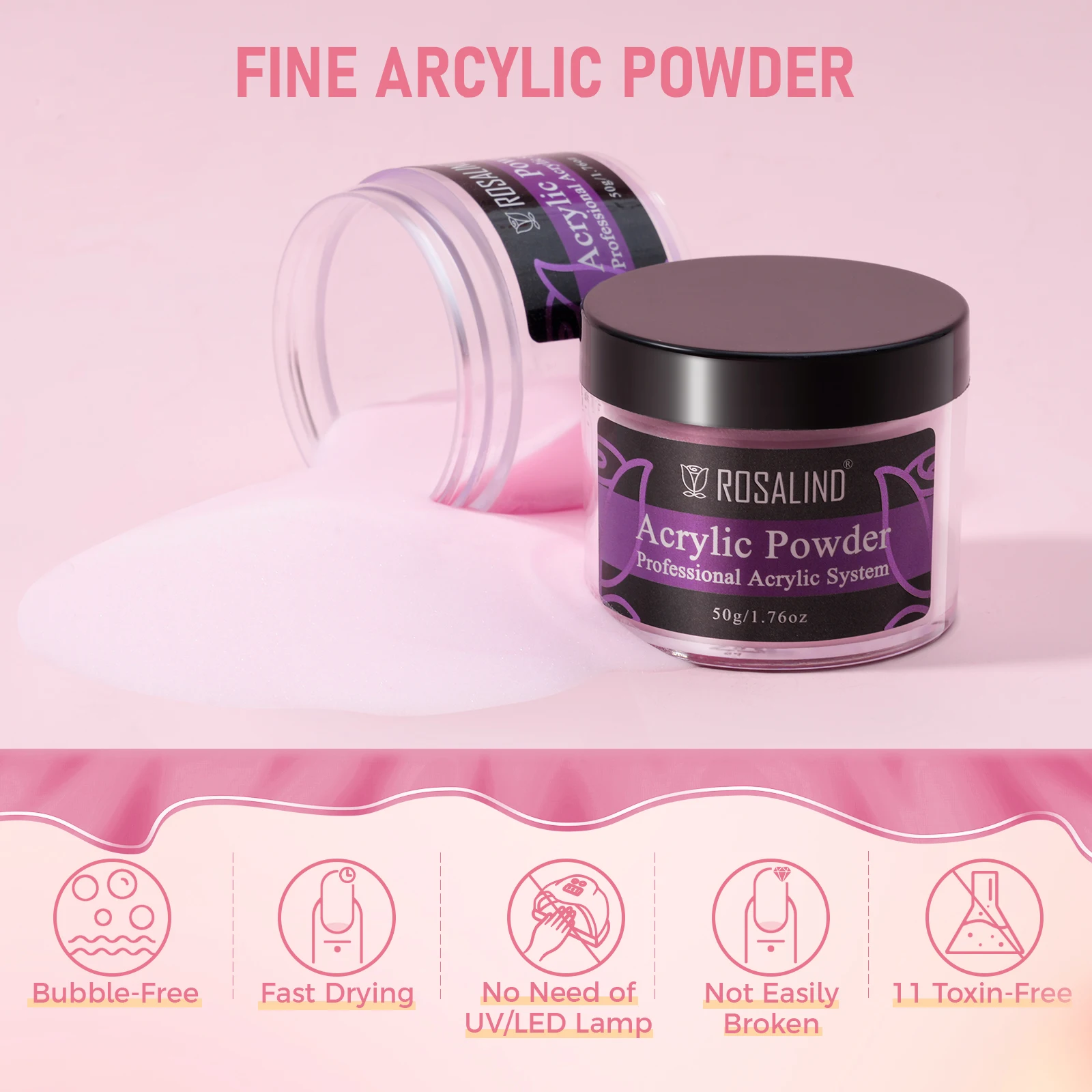 ROSALIND Acryl-Nagelset, Nagelkunst-Dekorationen für Nagelverlängerung, Maniküre-Set, Lieferant, professionelles Acrylpulver, Weiß, Rosa