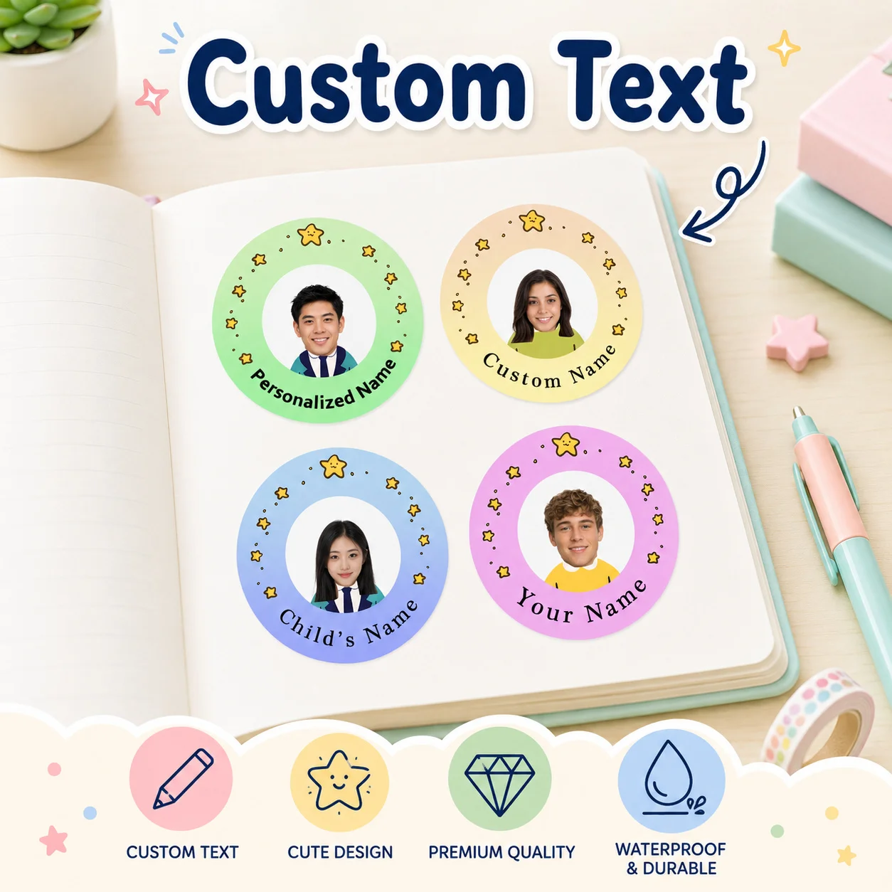 Customized Back-To-School Photo Name Stickers, Personalized Half-Body Photo Labels Suitable for Schools, Offices, Water Bottles, Pencils - Non-Curling Adhesive Waterproof Name Tags, School Classroom Backpacks, Luggage, Back-To-School Gifts for Sons and Daughters