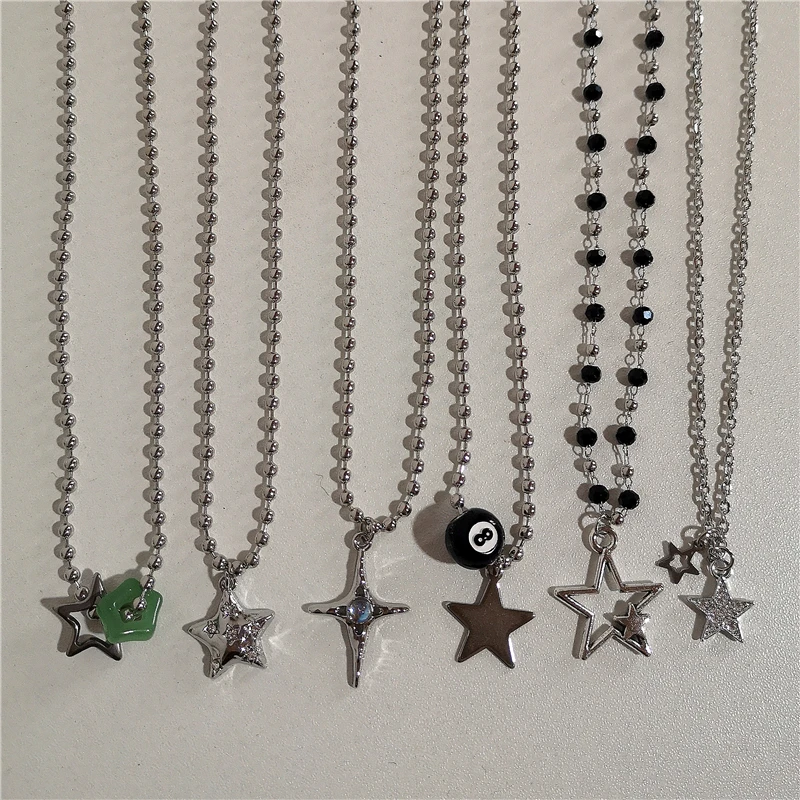 Trendy Vintage Punk Silver Color Star Pendant Bead Necklace for Men Women Street Hip Hop Aesthetic Grunge Jewelry Y2K Accessorie