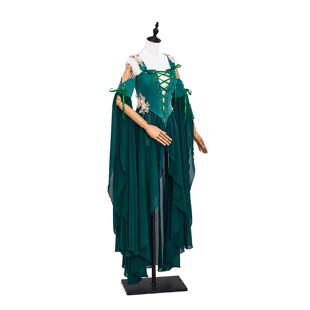 Women's Medieval Renaissance Costume Fairy Elf Green Dress with Sleeves Vintage Forest Fairy Corset Gown for Halloween view 3