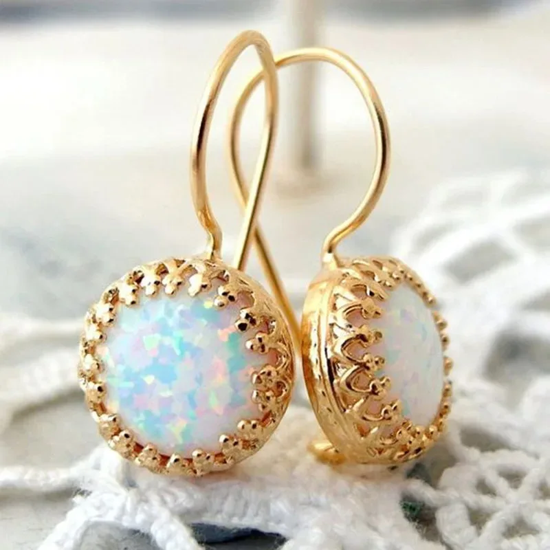 Charming Round Fire Opal Earring For Women Bohemian Gold Color Drop Earrings  Wedding Anniversary Jewelry Gift Accessories