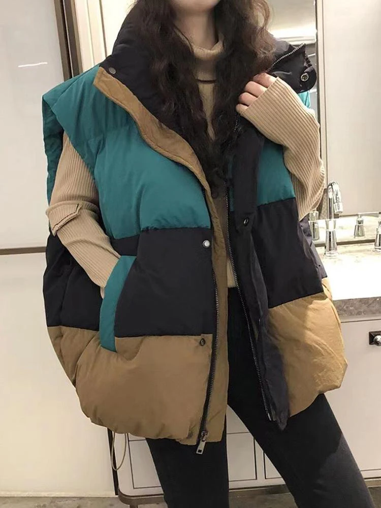 Extra große 300-Pou Thiened Damenweste Herbst Winter Lose Patchwork Brotmantel Jaet Starke Wärme Reißverschluss