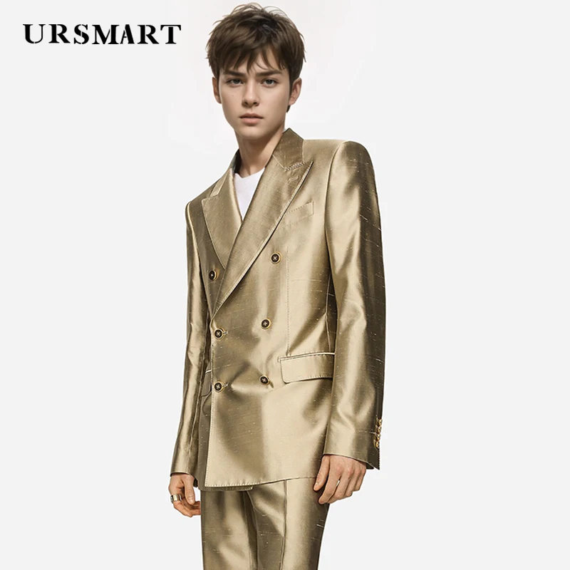 Golden men\'s casual suit with double breasted spring and autumn new product polka neck, British style fashionable men\'s suit