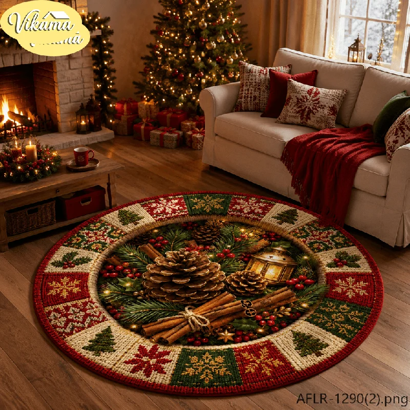 VIKAMA Snow & Gift Christmas Flannel Round Rug, Non-Slip Washable Xmas Mat for Living Room Bedroom Nursery Playroom Kids Room
