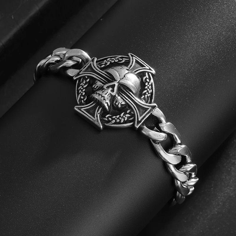 Exquisite style Stainless Steel Skull Cross Bracelet for Men and Women Christian Retro Hip-Hop Jewelry