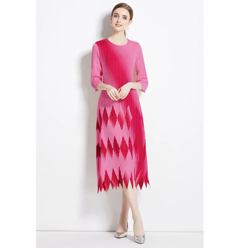 #2349 Gradient Tie Dye Printed Pleated Dress Three Quater Sleeve Vintage Office Midi Dress Women Round Neck A-line Dress Female 