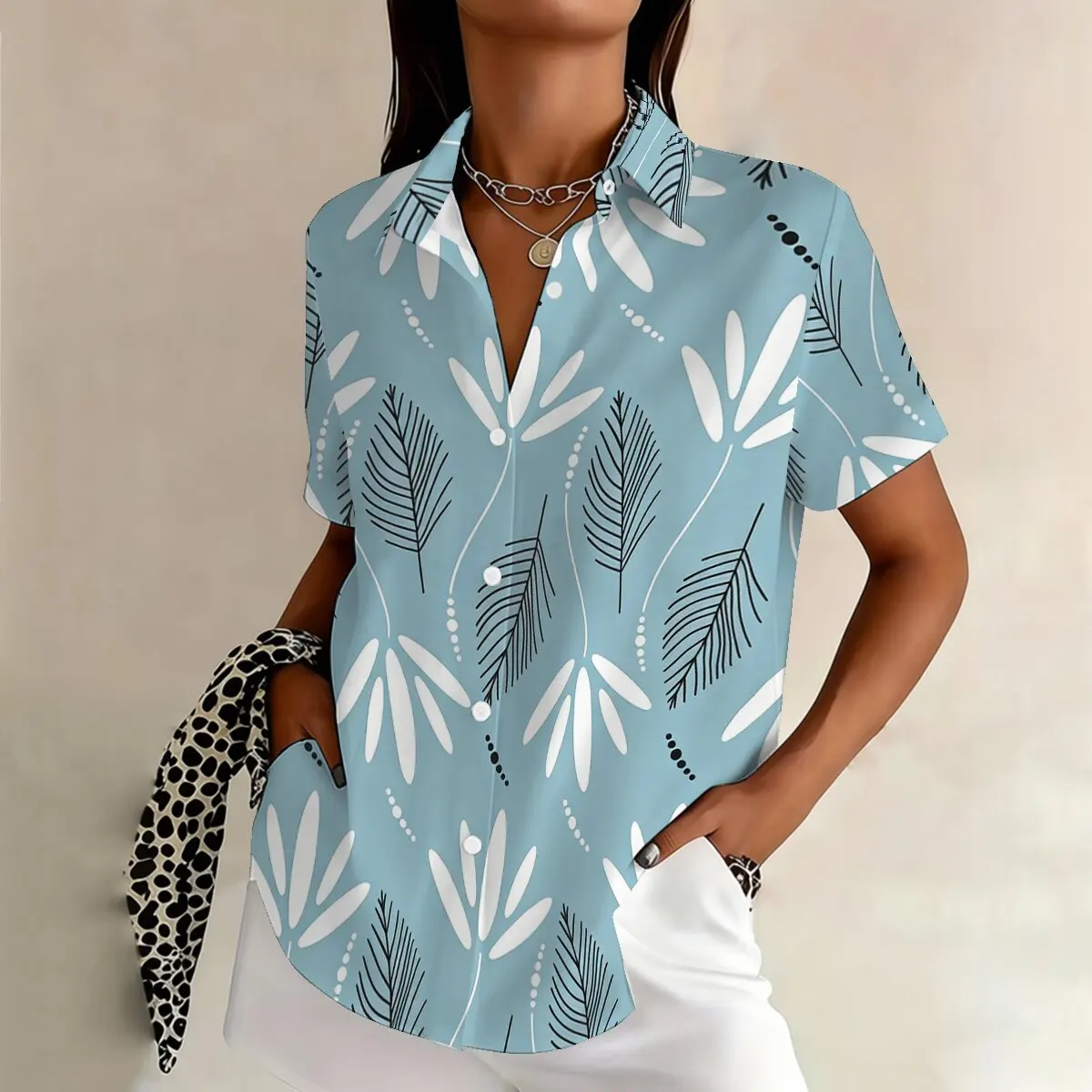 

Простая и стильная женская летняя рубашка больших размеров с принтом в виде листьев, с короткими рукавами и лацканами, модный повседневный универсальный топ.