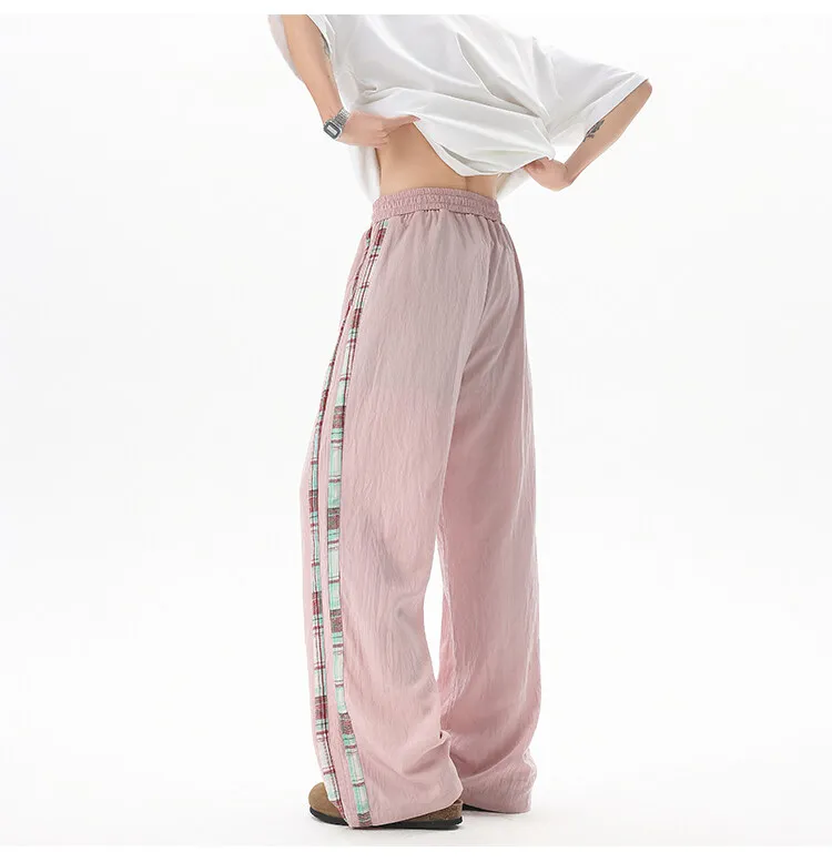 แฟชั่นเย็บกางเกงผู้ชายสบายและ Cool กางเกงผ้าไหมน้ําแข็งบางหลวม Drawstring ตรงกางเกงฤดูร้อนผู้หญิง
