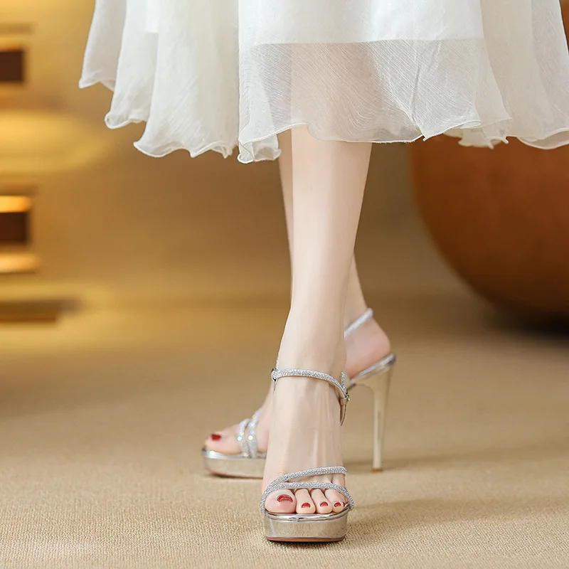2026 Women's Silver Rhinestone Platform High Heel Sandals Strappy Ankle Strap Party Evening Dress Shoes Q-471 - view 5