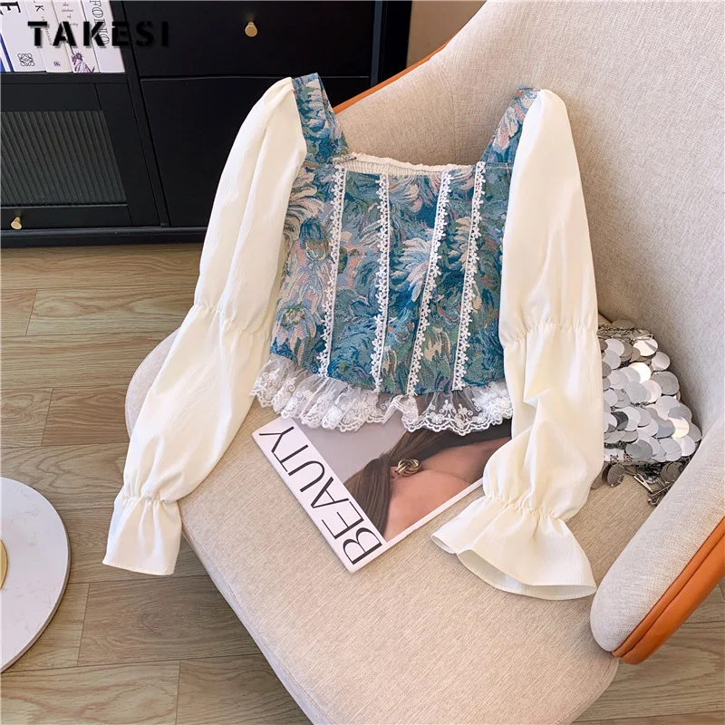 2024 Spring Elegant Sweet Square Collar Long Sleeve Shirt Women's Causal Chic Blouses Lace Hand Painted Chiffon Tees Top