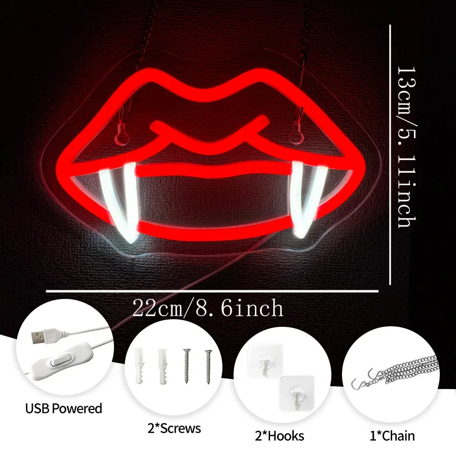Powered By Usb, Used For Bedroom, Bar, Haunted House And Game Room Decor， Gothic Icon With Red Lips,Neon Sign Of Vampire Teeth.