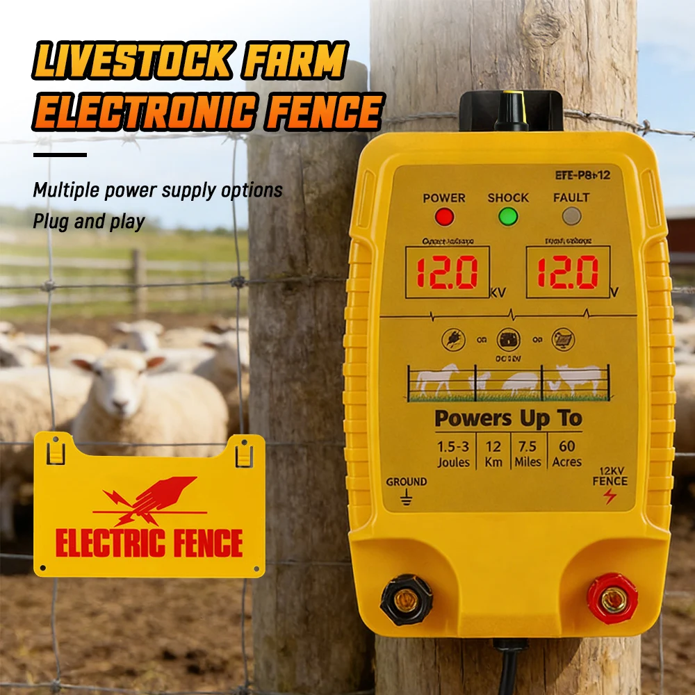 

12km Electric Fence Waterproof Livestock Fence Energizer Portable Electric Fence Controller for Farm Poultry Sheep Cattle