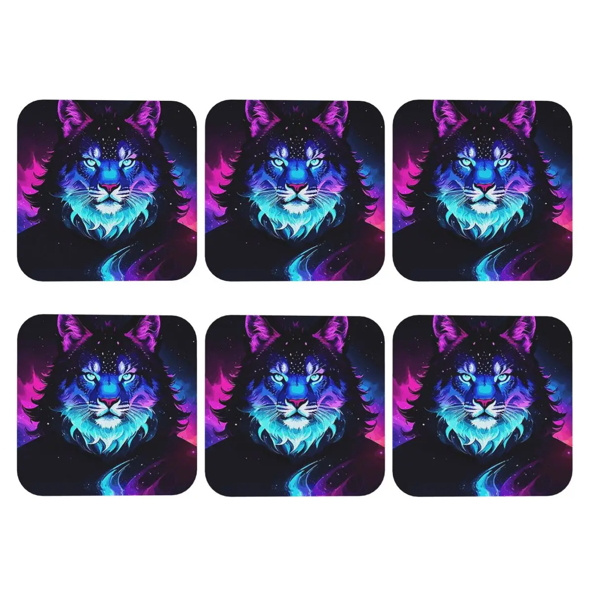 Posavasos de PVC con Diseño de Tigre Neón Cósmico, Espíritu Espacial, Galaxia, Lobo y Cara de León, Manteles Individuales de Cuero para Café, Decoración de Comedor, Juego de 6