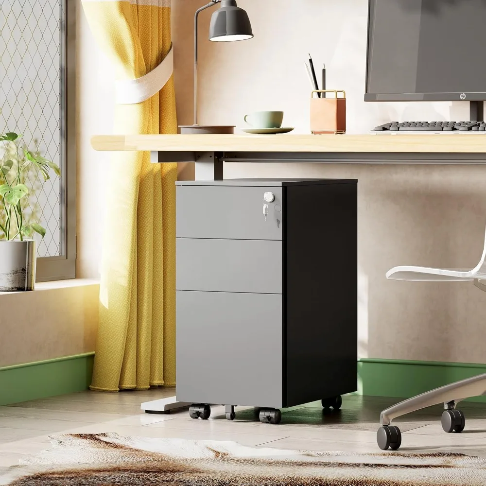 خزانة ملفات معدنية ذات 3 أدراج مع قفل، خزانة ملفات رفيعة تحت المكتب للاستخدام المنزلي والمكاتب #2