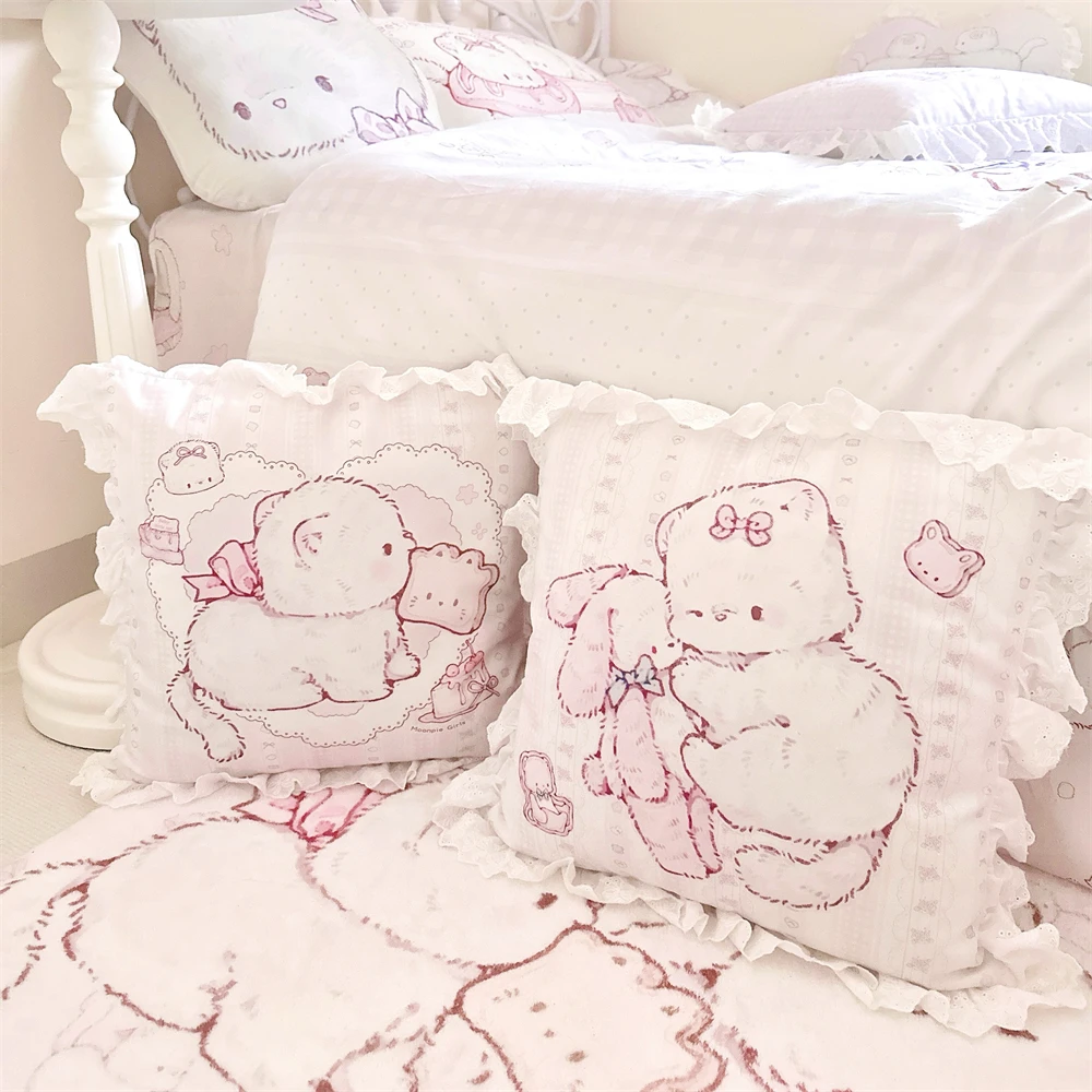 

Cute Cat Printed Pillow Series Bedroom Dormitory Pillow Lace Lace Square Double sided Pattern Home Decoration Detachable Pillow