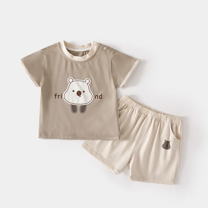 

Baby Short-Sleeved T-shirt Suit Home Wear Thin Summer Boys and Girls Shoulder Open Shorts Loose Baby Outerwear
