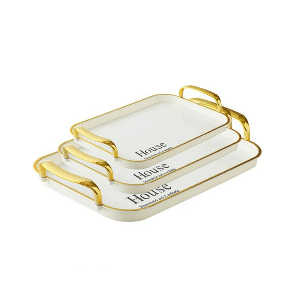 3PCS Light Luxury Plastic Tea Tray Set Golden Handle Rectangular Afternoon Tea Tray Stackable Thickened Brunch Tray Cafe