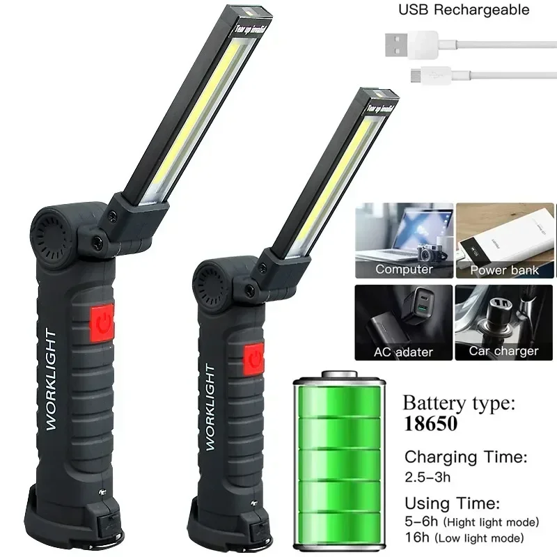 LED Flashlight Rechargeable Work Light Hanging Hook Magnetic with Builtin Battery USB Portable Flash Light Camping Repair Torch