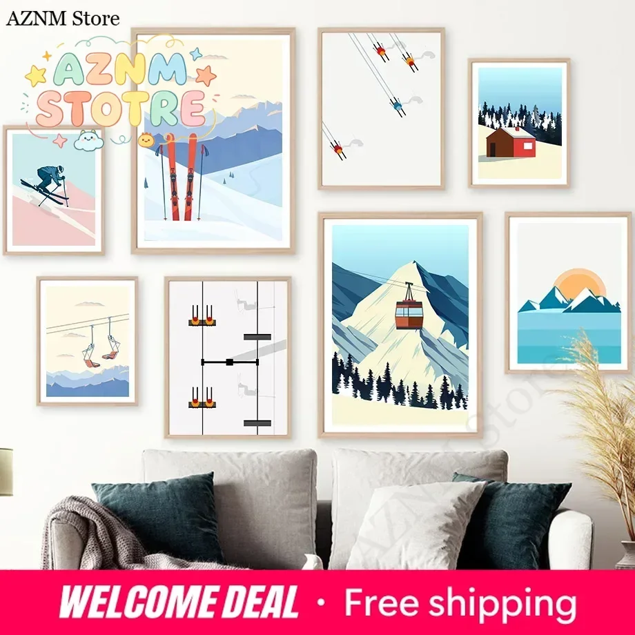 Vintage Minimalist Ski Snowboard Snow Mountain Wall Art Canvas Painting Posters And Prints Wall Pictures For Living Room Deco