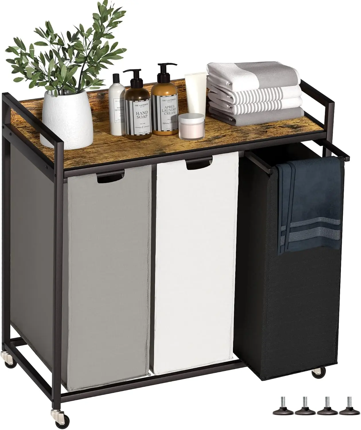 

3-Section Laundry Sorter with Pull-Out Bags, Wheels & Metal Frame, Rustic Brown, 60L Capacity