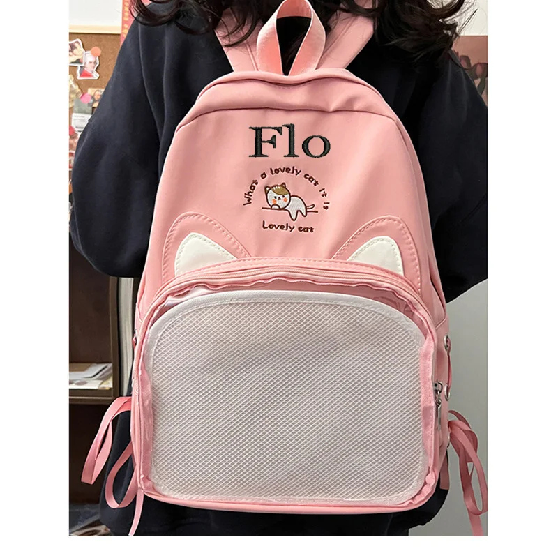 Personalized Transparent Backpack Large Capacity Female Cute Cat's Ears (Steamed Cat-Ear Shaped Bread) Female Schoolbag