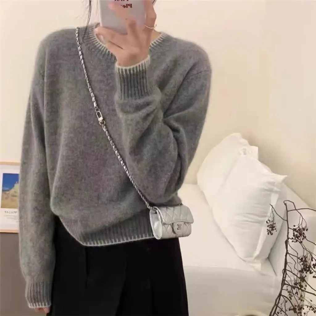 

Korean Style Velvet Pullover Knitted Sweater Gentle Style Crewneck Dashed Color Split Design Honey Bear Fashion Sense