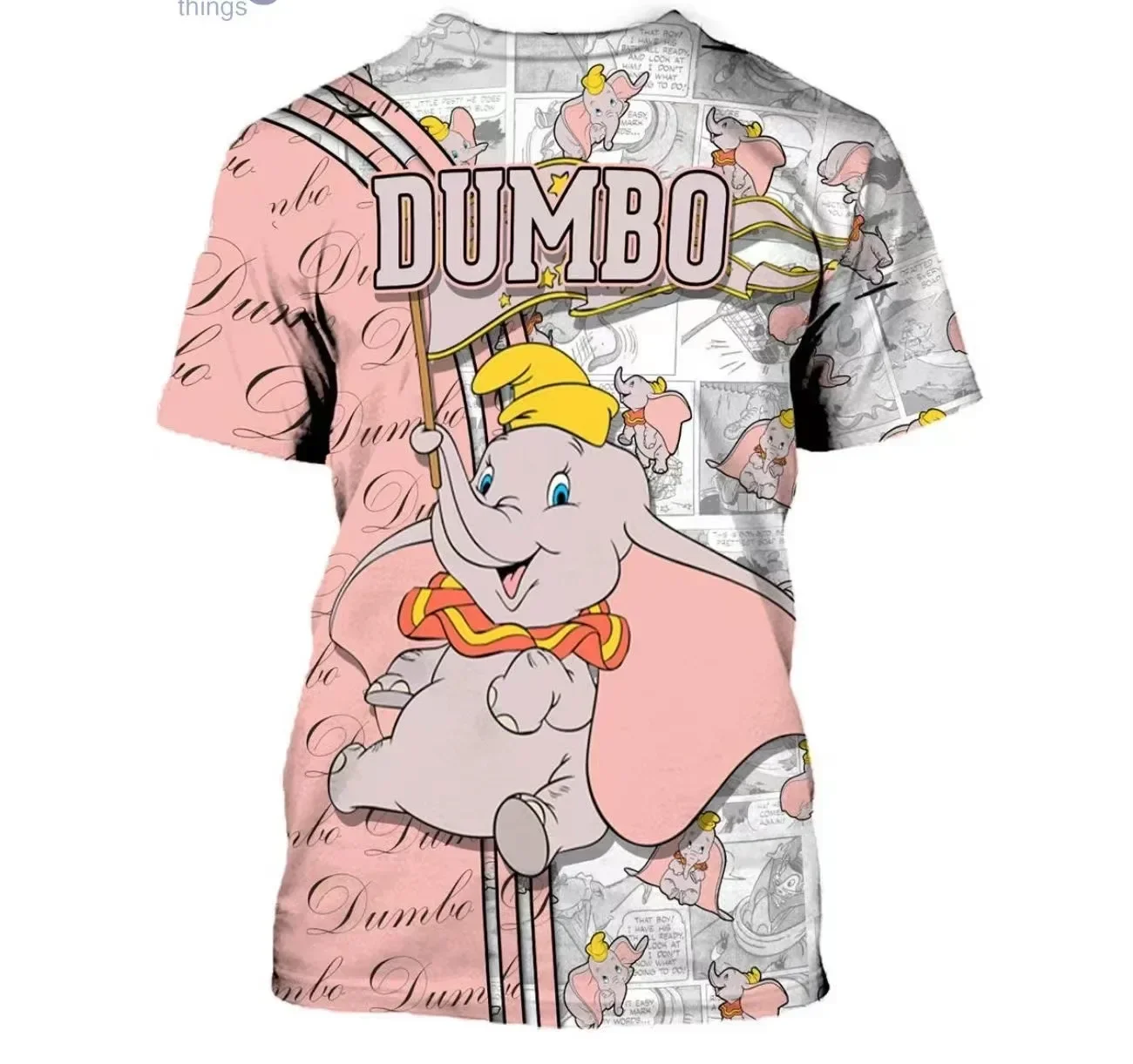 New Cute Pink Dumbo Elephant Cross Comic Book Patterns Disney Cartoon 3D T-Shirt