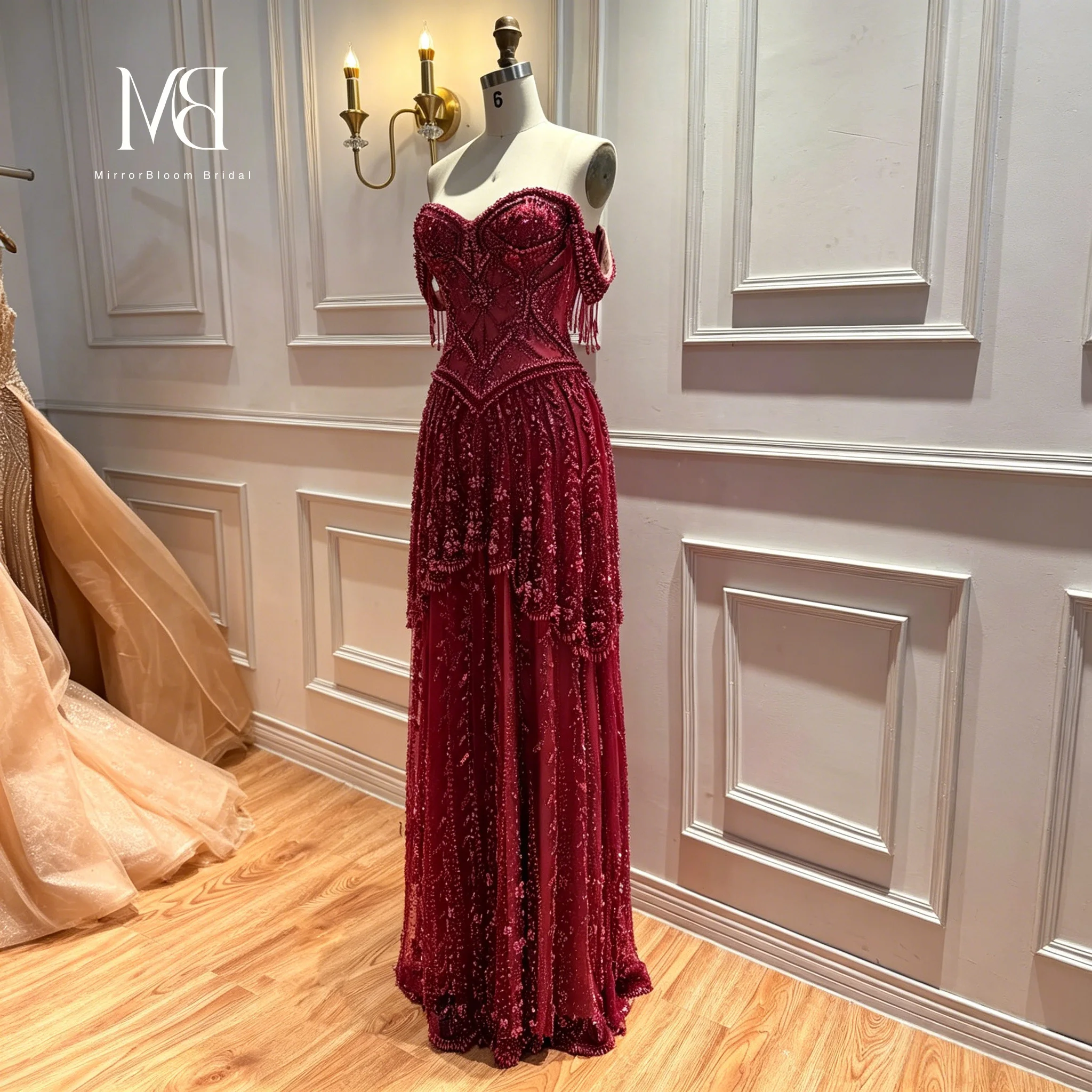 Red Off-the-Shoulder Strapless Sleeveless Floor-Length Formal Ball Gown Beadwork Embroidery Glowing Women's  Occasion Dress image 2