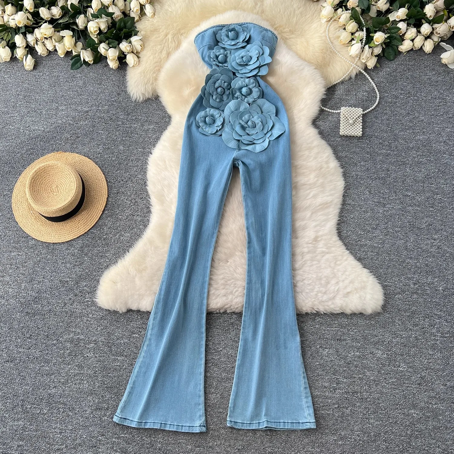 New 2025 Fashion Spring Soft Denim Long Jumpsuits French Women 3D Appliques Floral Strapless Sexy Backless Flare Full Rompers