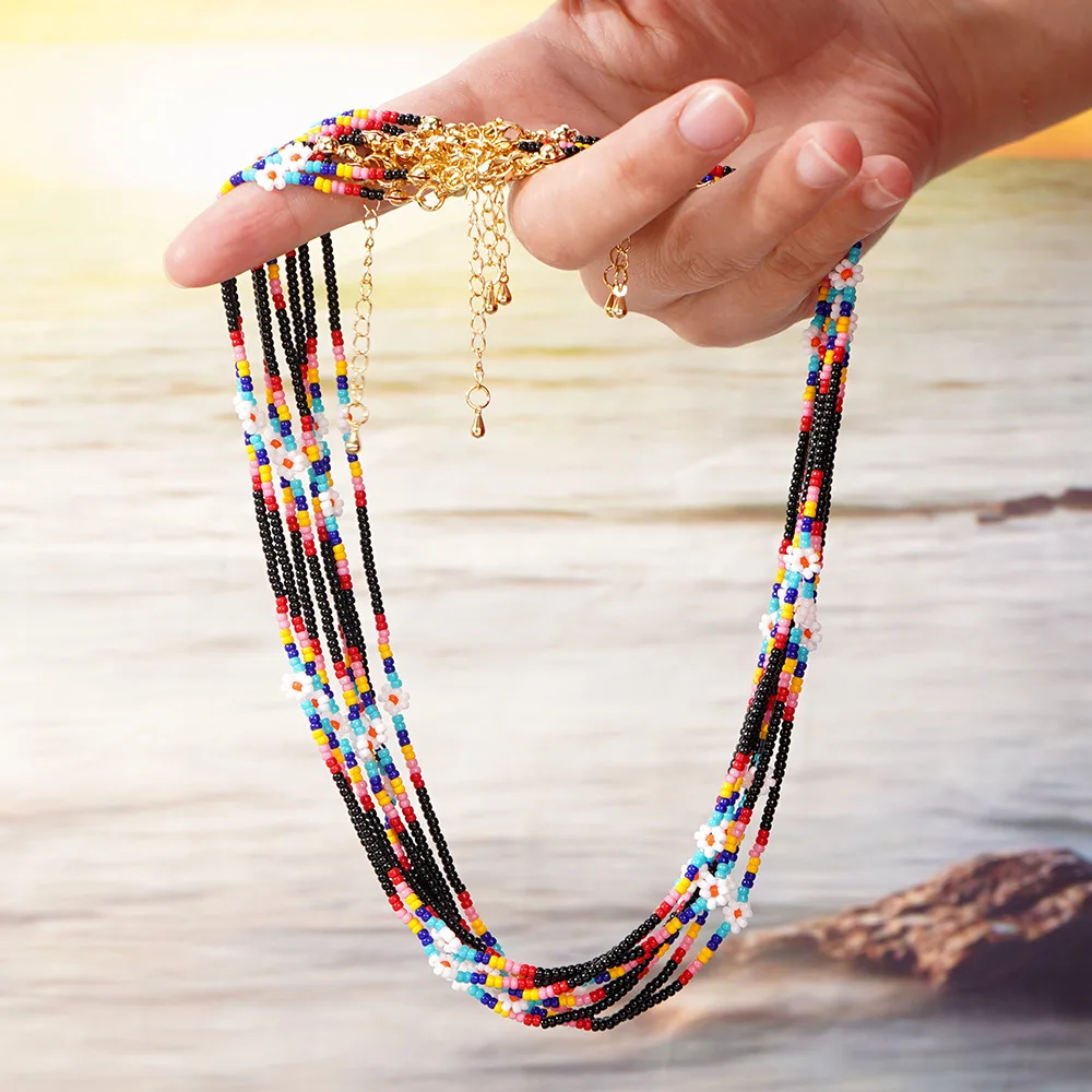 

Rice bead necklace Originality Flowers Bohemia Design Chroma Hand knitting Adjustable Female Fashion Simple Beaded necklace