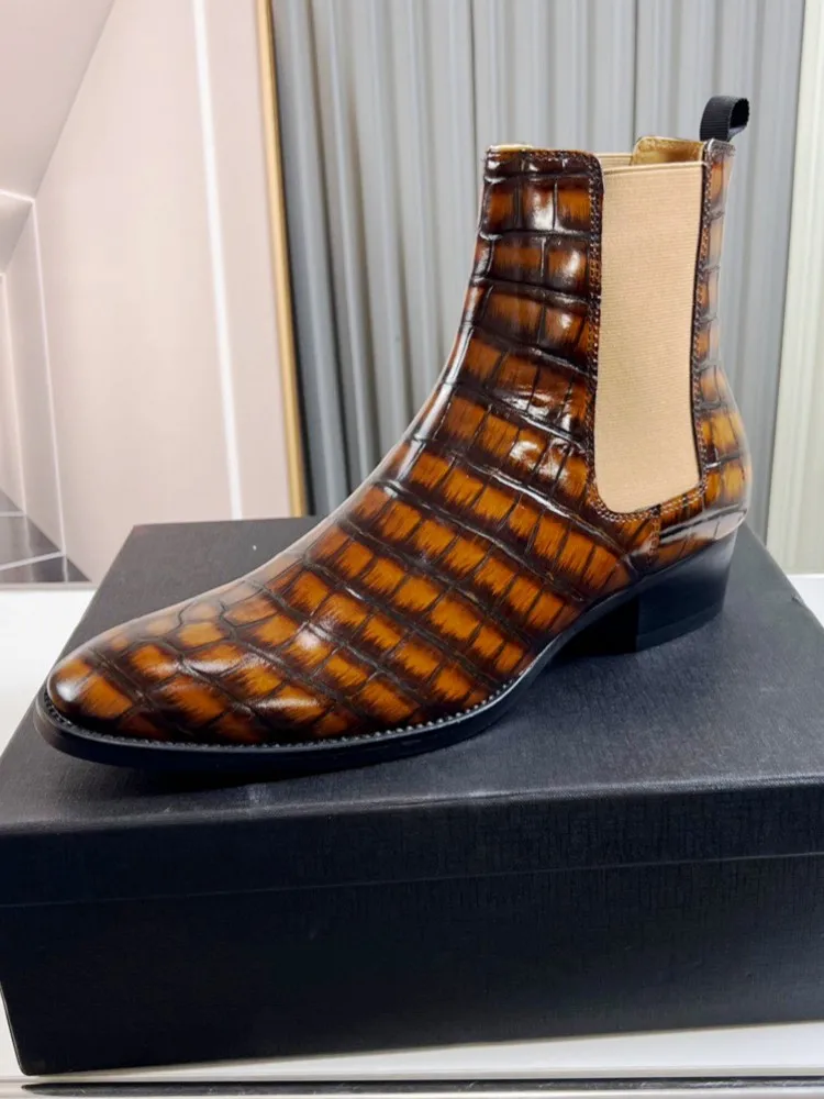Mens Boots Pointed Toe Genuine Leather Cowhide British Style High Top Shoes Men Slip On Handmade Comfortable Chelsea Short Boots