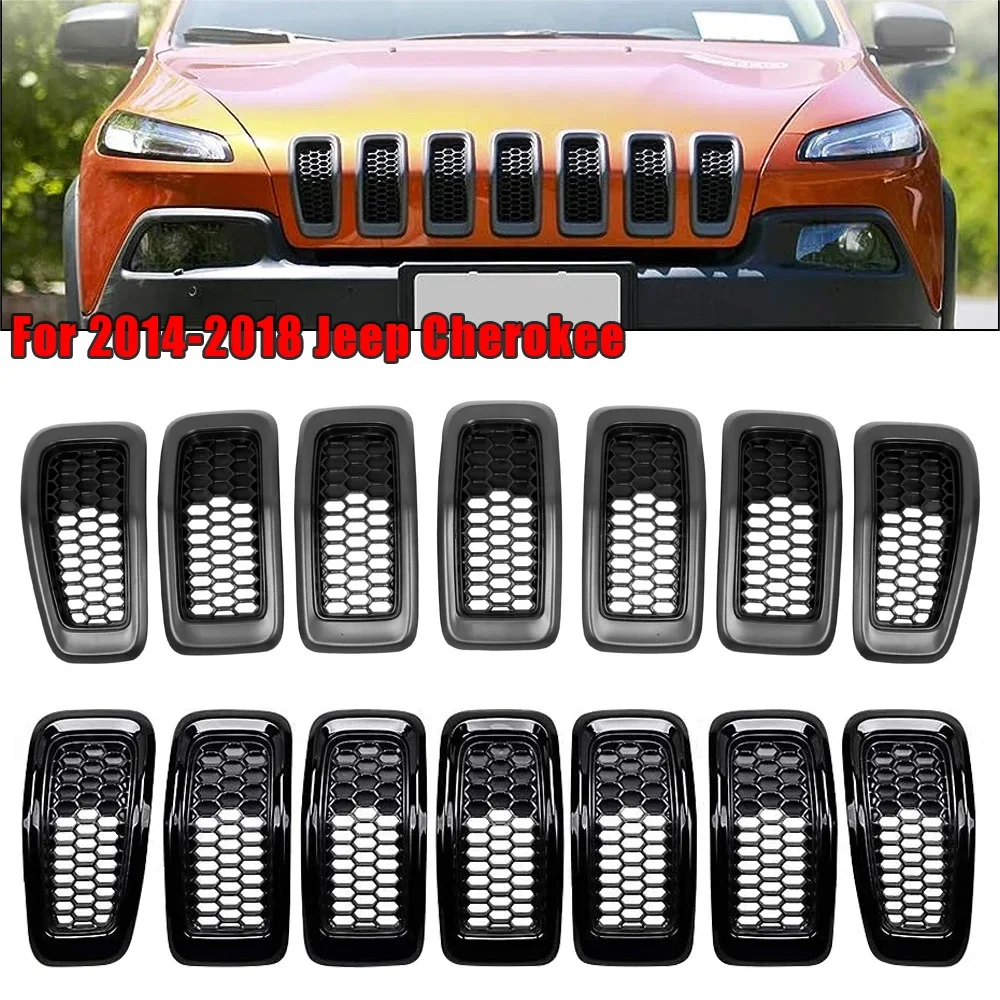 7Pcs Car Front Grill Honeycomb Mesh Ring ABS Racing Front Grille Inserts Cover Trim For Jeep Cherokee 2014 2015 2016 2017 2018