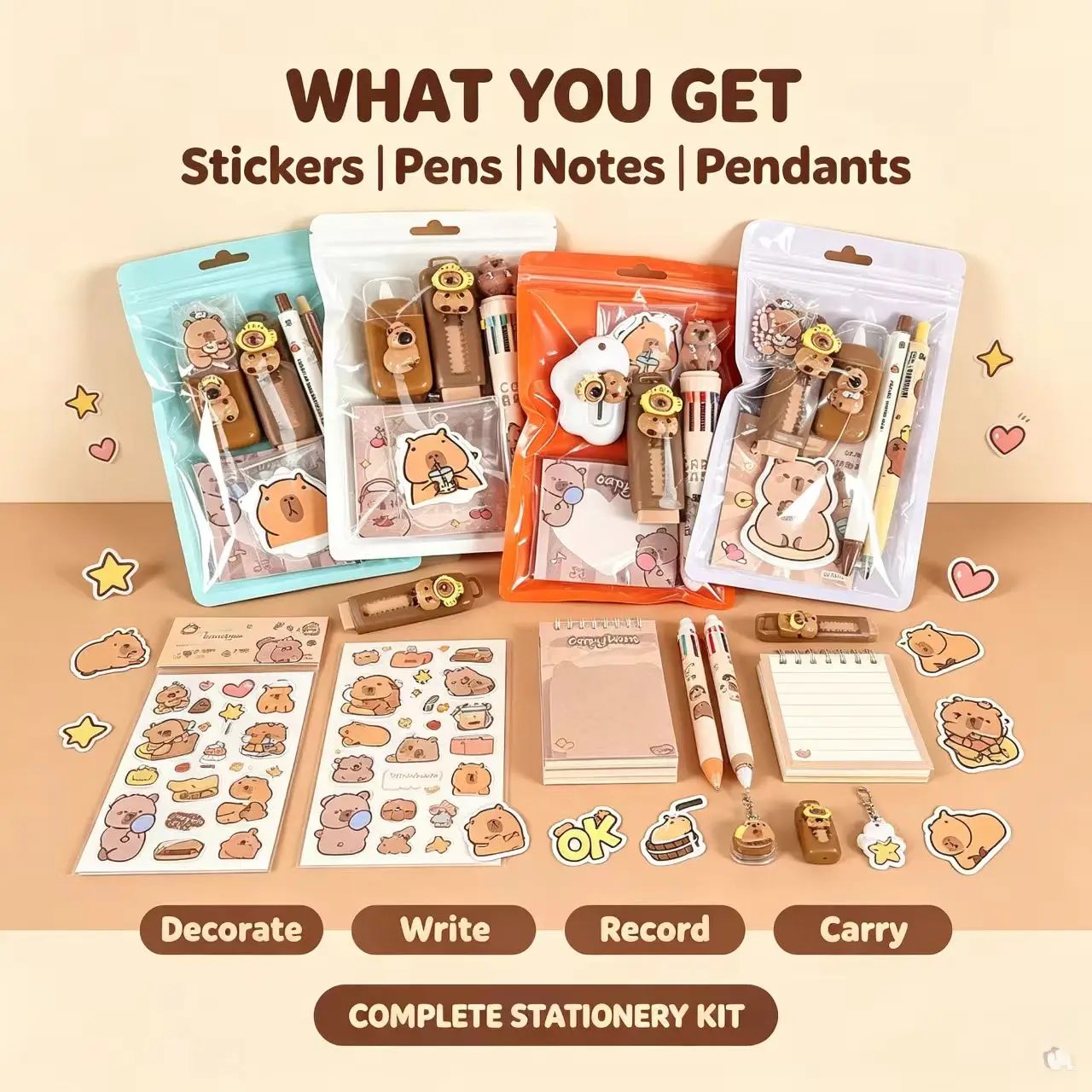 7-pcs Capibala Stationery Set, Student Gifts, Learning Supplies, School Season Gifts, Prizes, Handheld Gifts, Unisex Pen