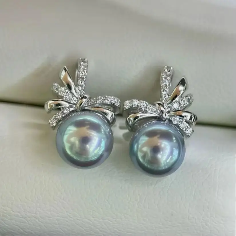 

elegant 8-9mm south sea round silver grey pearl stud earring 925s