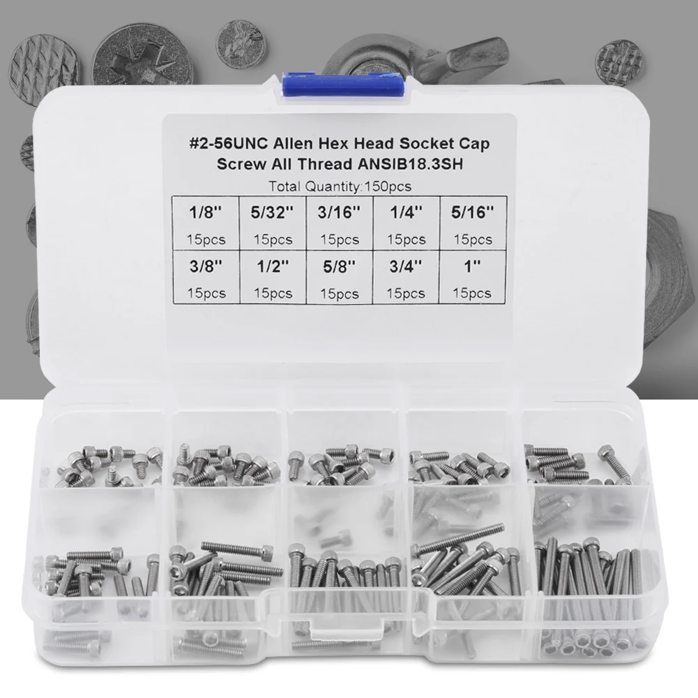 9 Sizes Hex Socket  Head Screws Assortment Set with Plastic Box #2‑56 UNC socket head  screws socket head screws