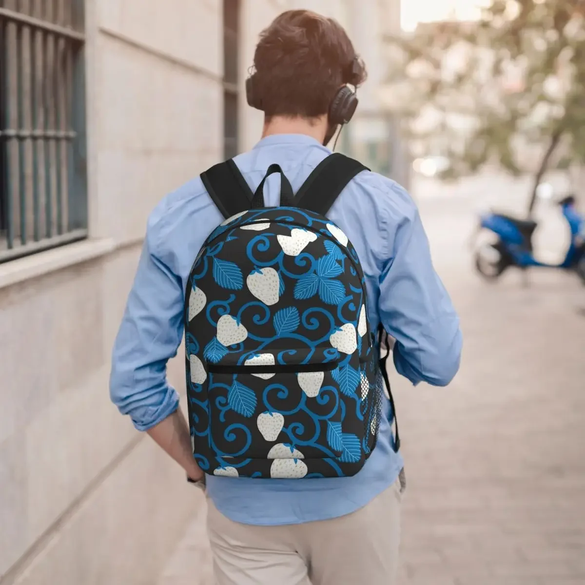 Cute Blue Strawberry On Black Pattern Backpack Student BookBag Kids School Bag Computer Shoulder Bags for Men Women