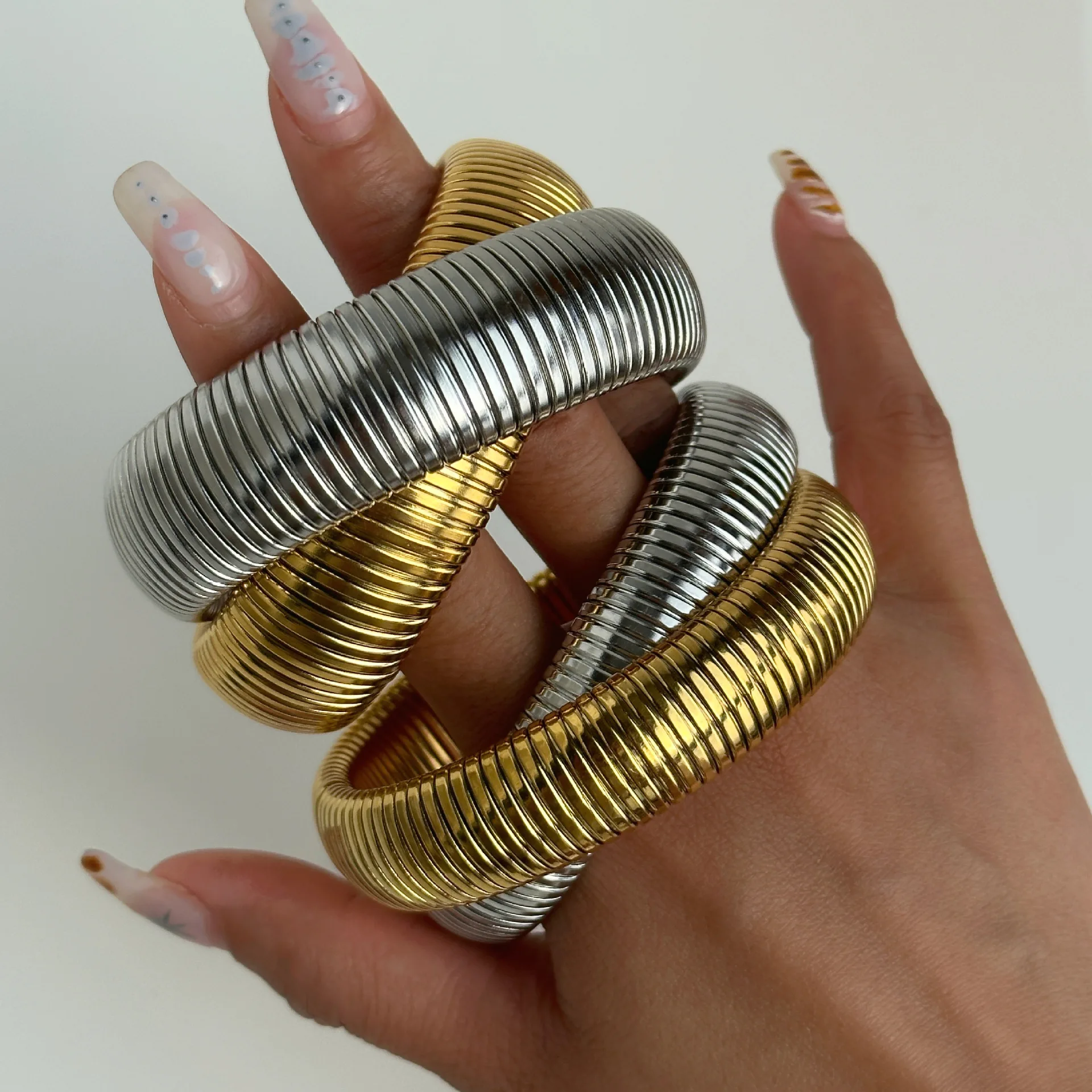 New ins Titanium Steel Bracelet Vintage Double Layer Elastic Gypsy Polishing Bangle For Women Girls Fashion Aesthetic Jewelry