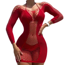 Women Sexy Elastic Lingerie Bodystocking Fishnet Hollow Dress Bodysuit Nightwear Bikini Cover Up Night Club Sleepwear