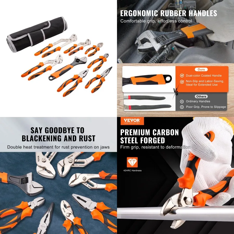 

VEVOR 8Pie Pliers Set High Carbon Steel 12" 10" 8" Groove Joint Pliers 8" Linesman's Pliers 6" Slip Joint Pliers 8" Long Nose P