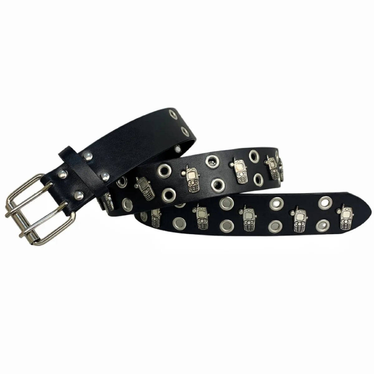 New Metal Small Phone Rivet Belt Punk Style Y2K Millennium Spicy Girl Harajuku Style Belt Double Hole Hollow Out Trendy Belt